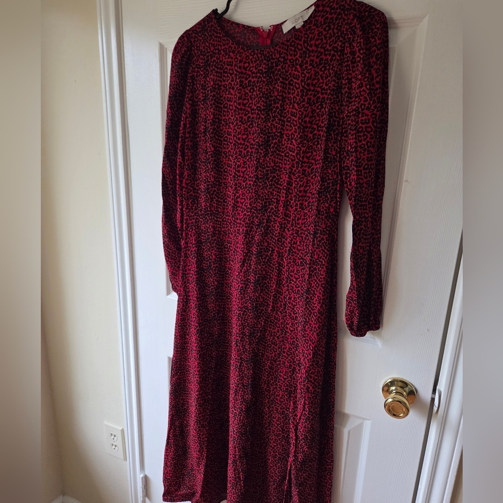 LOFT Midi Dress 2 Red and Black Leopard Animal Print Slit Dress - Picture 11 of 12
